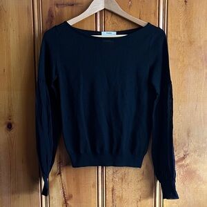 Designer Made in Italy Black Boatneck Virgin Wool Sweater with Sheer Sleeves